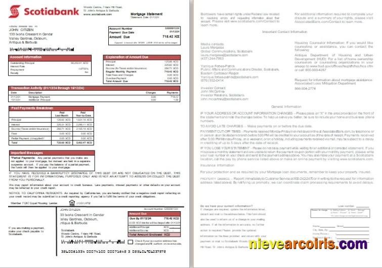 Antigua and Barbuda Scotiabank bank mortgage statement, 2 pages, 1-2